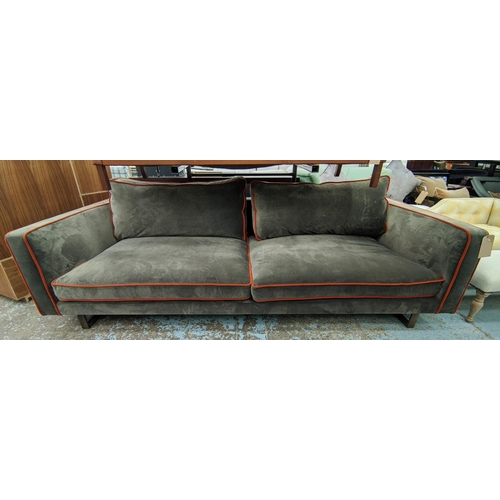 322 - LOVE YOUR HOME BYRON SOFA, 250cm x 109cm x 68cm, grey velvet upholstered with orange piping detail.