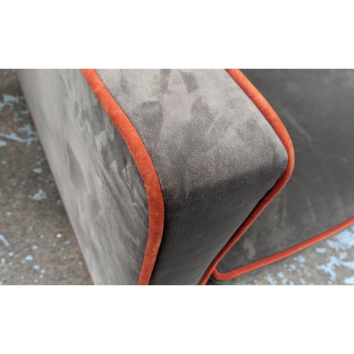 322 - LOVE YOUR HOME BYRON SOFA, 250cm x 109cm x 68cm, grey velvet upholstered with orange piping detail.