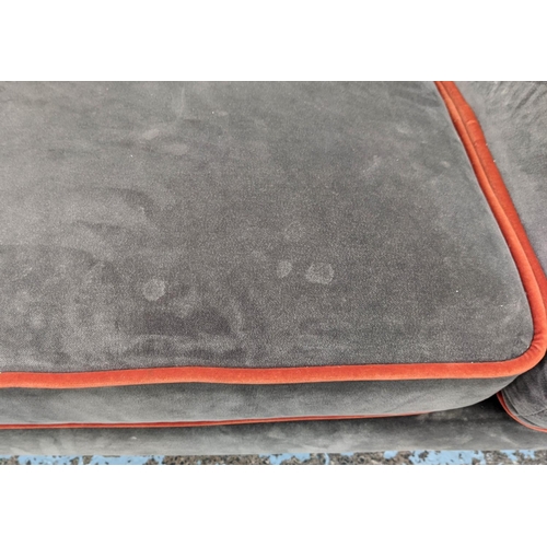 322 - LOVE YOUR HOME BYRON SOFA, 250cm x 109cm x 68cm, grey velvet upholstered with orange piping detail.