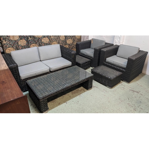 325 - GARDEN LOUNGE SET, including two armchairs, 70cm x 94cm x 80cm, two stools, 28cm x 65cm x 48cm, a so... 