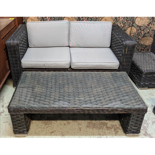 325 - GARDEN LOUNGE SET, including two armchairs, 70cm x 94cm x 80cm, two stools, 28cm x 65cm x 48cm, a so... 