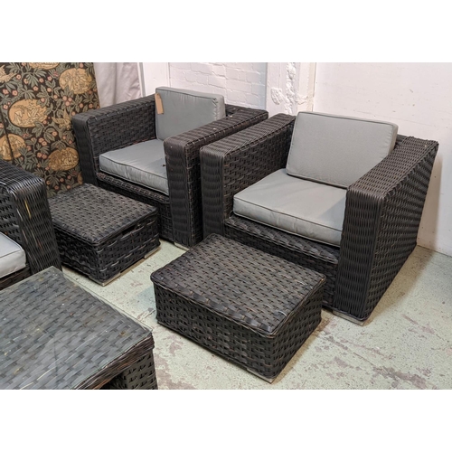 325 - GARDEN LOUNGE SET, including two armchairs, 70cm x 94cm x 80cm, two stools, 28cm x 65cm x 48cm, a so... 