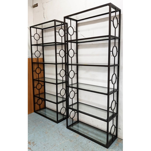 326 - ETAGERES, a pair, bronzed metal frames, six glass shelves, 80cm x 32cm x 191cm. (2)