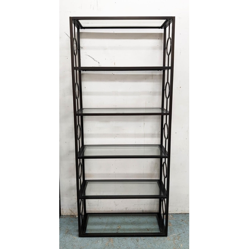 326 - ETAGERES, a pair, bronzed metal frames, six glass shelves, 80cm x 32cm x 191cm. (2)