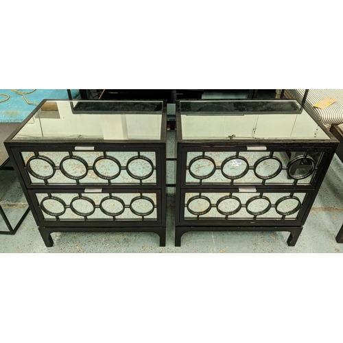 333 - SIDE CHESTS, a pair, 60cm x 40cm x 61cm, ebonised, each with two mirror fronted drawers, mirrored to... 