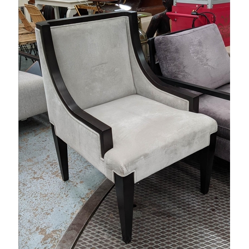 335 - ARMCHAIR, 98cm x 65cm x 75cm, grey velvet, ebonised frame.