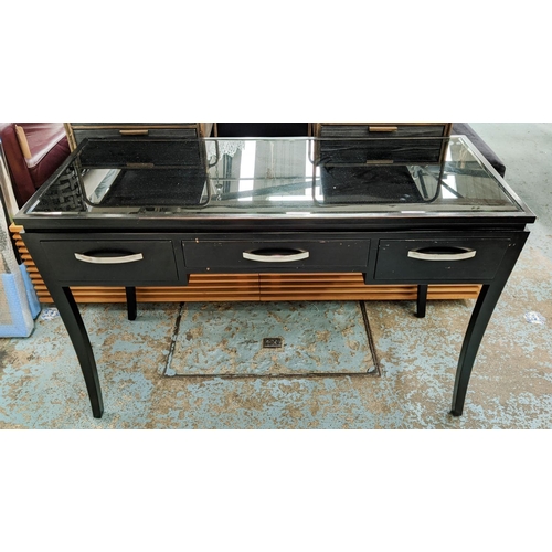 336 - DRESSING TABLE, ebonised with three drawers, smoked glass top, 120cm x 50cm x 75cm.