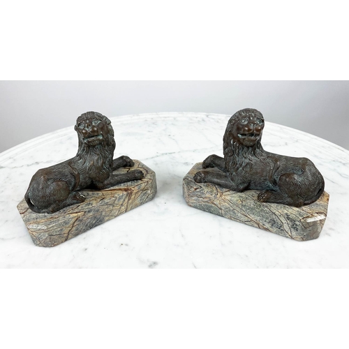 36 - LION STATUETTES, a pair, cast bronze on marble bases, bears label to base 'Theodore and Alexander', ... 