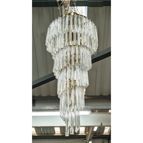 368 - SPIRAL CHANDELIER, Murano Style Trideri glass drops, 120cm drop on gilt metal frame.