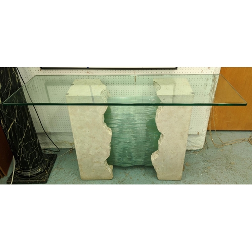 377 - CONSOLE TABLE, 140cm x 45cm x 47cm, abstract glass and stone base, glass top.