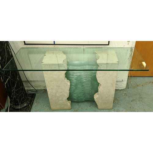 377 - CONSOLE TABLE, 140cm x 45cm x 47cm, abstract glass and stone base, glass top.