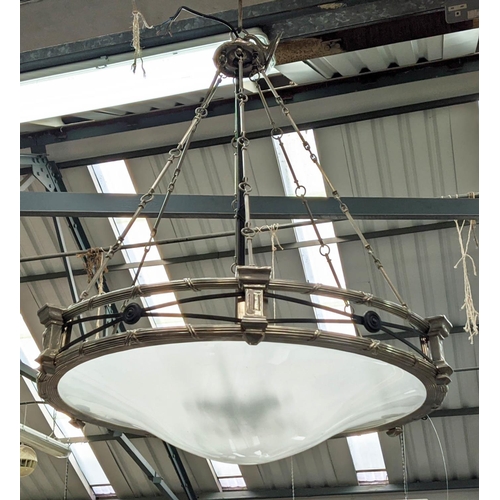 379 - CEILING LIGHT, Country House style, polished metal, glass diffuser bowl, 90cm drop.