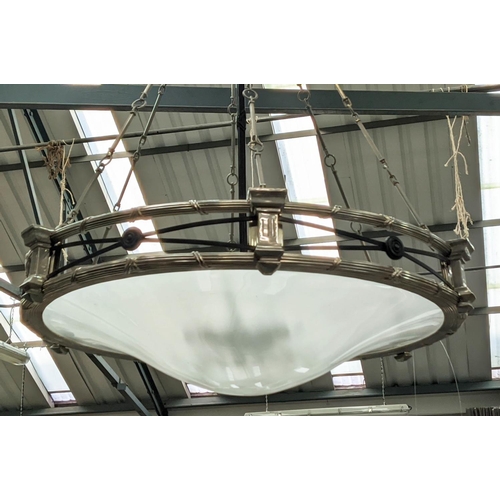 379 - CEILING LIGHT, Country House style, polished metal, glass diffuser bowl, 90cm drop.