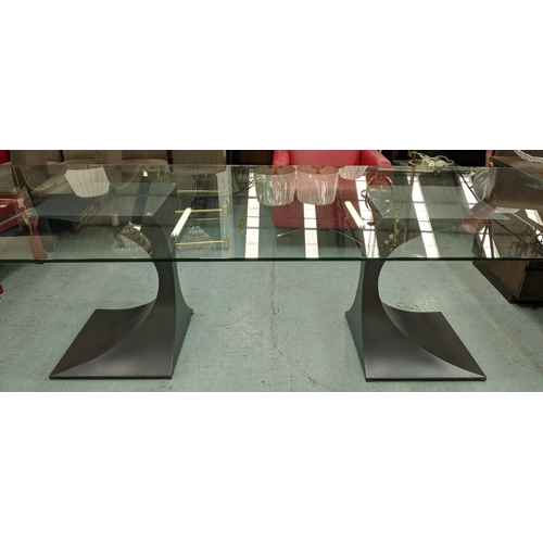 380 - TOM FAULKNER CAPRICORN TEN DINING TABLE, 300cm x 120cm x 77cm, glass top.