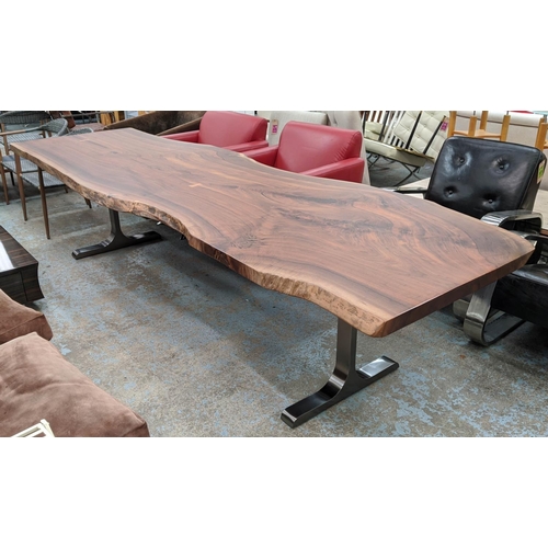 383 - DINING TABLE, 335.5cm L x 114cm W x 77cm H, custom design, with live edge top, twin metal pedestal b... 