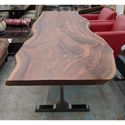 383 - DINING TABLE, 335.5cm L x 114cm W x 77cm H, custom design, with live edge top, twin metal pedestal b... 