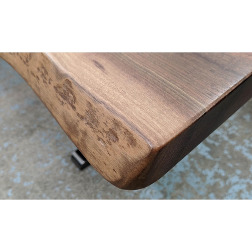 383 - DINING TABLE, 335.5cm L x 114cm W x 77cm H, custom design, with live edge top, twin metal pedestal b... 