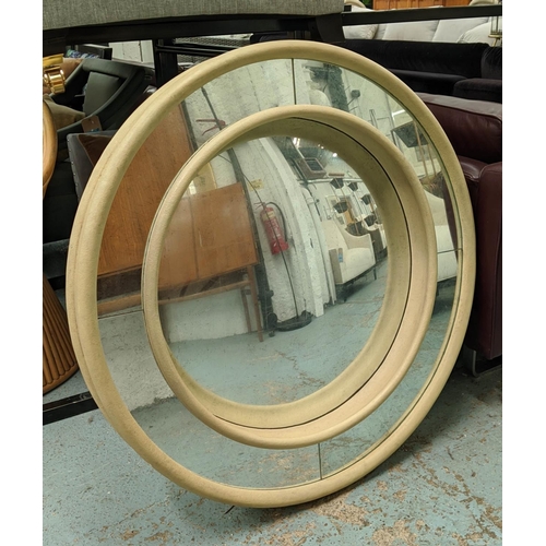 395 - WALL MIRROR,103cm diam., antiqued plate with marginal mirrored detail on deep frame.