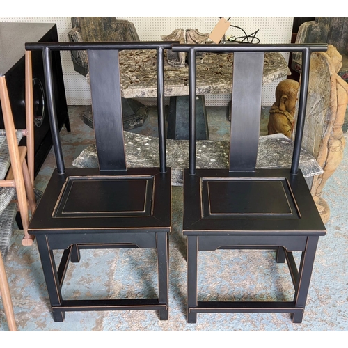 498 - SIDE CHAIRS, a pair, Chinese style, ebonised finish, 58cm x 50cm x 101cm.