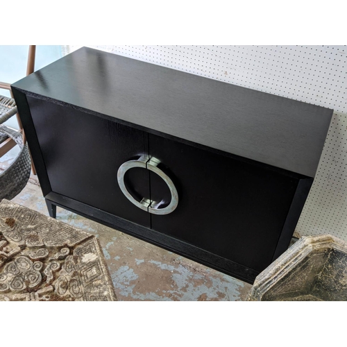 499 - SIDEBOARD, 120cm x 47cm x 78cm, ebonised with two doors containing two compartments with a shelf in ... 