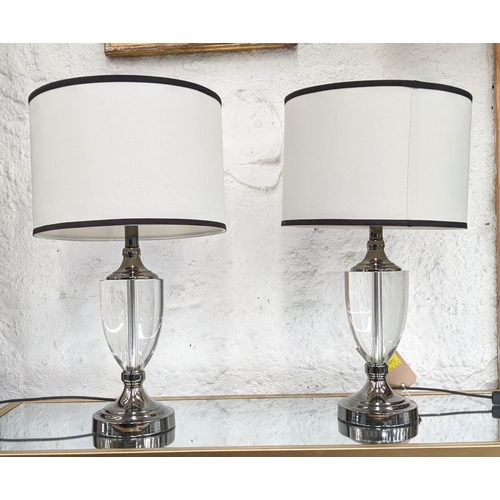 500 - TABLE LAMPS, a pair, glass and polished metal urn design, with shades, 63cm H. (2)