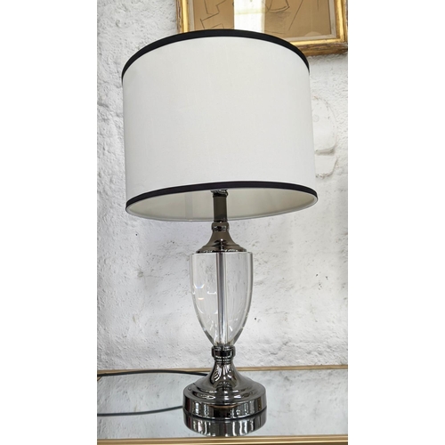 500 - TABLE LAMPS, a pair, glass and polished metal urn design, with shades, 63cm H. (2)