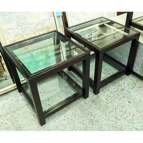 503 - SIDE TABLES, a pair, ebonised with two glass tiers, 46cm x 46cm x 46cm. (2)