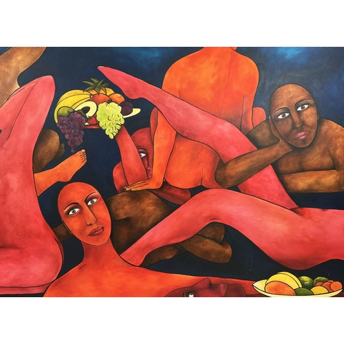 71 - CLAIRE TURNBULL 'Female Figures and Fruit', oil on canvas, 106cm x 199cm, monogrammed and dated.