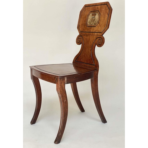 150 - HALL CHAIRS, a pair, George IV mahogany with scroll carved and incised backs and painted monograms b... 