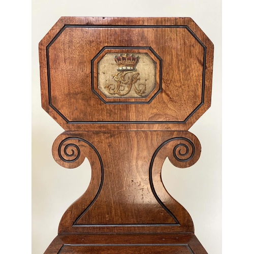 150 - HALL CHAIRS, a pair, George IV mahogany with scroll carved and incised backs and painted monograms b... 