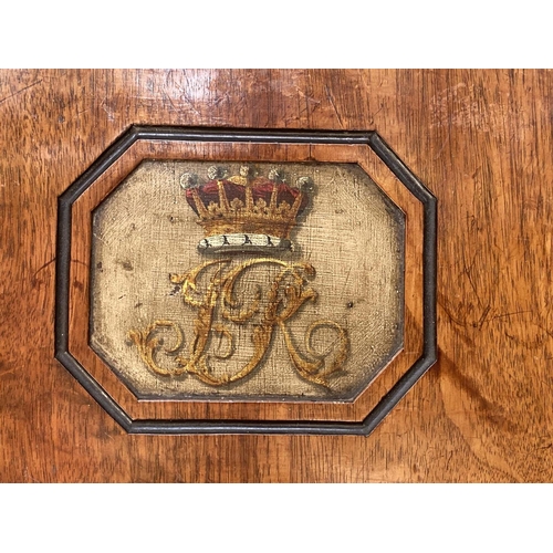 150 - HALL CHAIRS, a pair, George IV mahogany with scroll carved and incised backs and painted monograms b... 