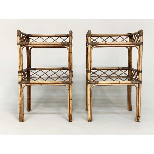 156 - LAMP TABLES, a pair, bamboo and cane bound each with trellis galleries and two glazed shelves, 41cm ... 