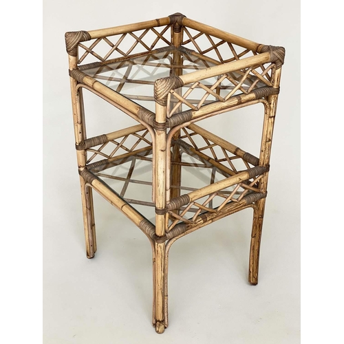 156 - LAMP TABLES, a pair, bamboo and cane bound each with trellis galleries and two glazed shelves, 41cm ... 