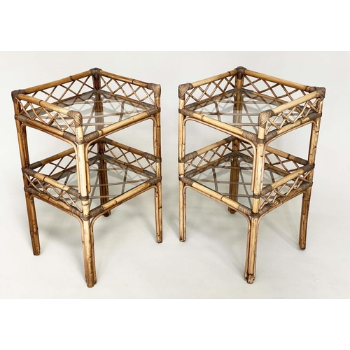 156 - LAMP TABLES, a pair, bamboo and cane bound each with trellis galleries and two glazed shelves, 41cm ... 