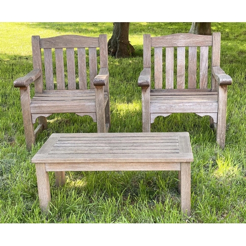 185 - GARDEN ARMCHAIRS, a pair, silvery weathered teak of substantial form, slatted and pegged constructio... 