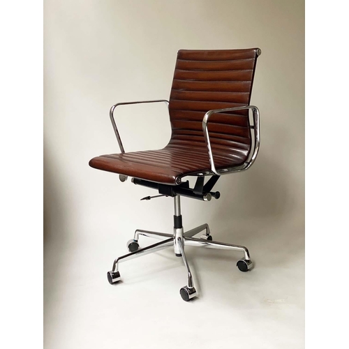 268 - REVOLVING DESK CHAIR, Charles and Ray Eames inspired with ribbed mid brown tan leather seat, revolvi... 