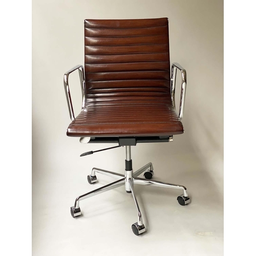 268 - REVOLVING DESK CHAIR, Charles and Ray Eames inspired with ribbed mid brown tan leather seat, revolvi... 