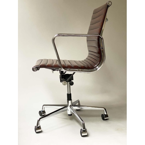 268 - REVOLVING DESK CHAIR, Charles and Ray Eames inspired with ribbed mid brown tan leather seat, revolvi... 