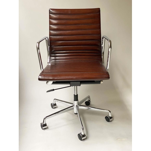 268 - REVOLVING DESK CHAIR, Charles and Ray Eames inspired with ribbed mid brown tan leather seat, revolvi... 