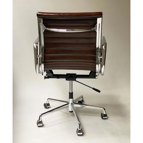 268 - REVOLVING DESK CHAIR, Charles and Ray Eames inspired with ribbed mid brown tan leather seat, revolvi... 