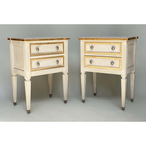 277 - BEDSIDE CHESTS, a pair, Louis XVI style, grey painted and silvered metal mounted each with two drawe... 