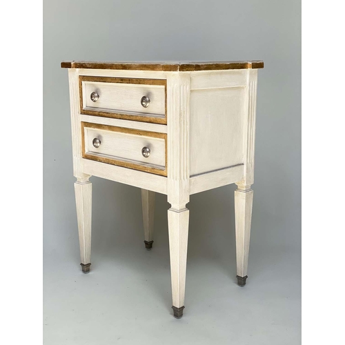 277 - BEDSIDE CHESTS, a pair, Louis XVI style, grey painted and silvered metal mounted each with two drawe... 