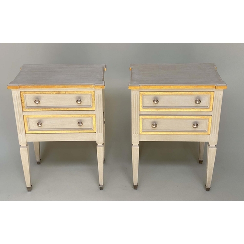 277 - BEDSIDE CHESTS, a pair, Louis XVI style, grey painted and silvered metal mounted each with two drawe... 