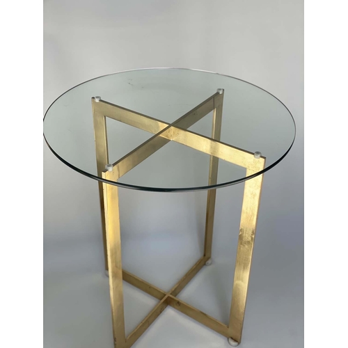 349 - SIDE TABLES, a pair, 1970s heavy brass framed, x form with circular glass tops, 60cm W x 65cm H. (2)