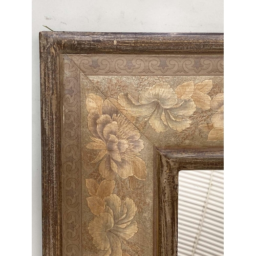 350 - WALL MIRROR, beaded and floral painted broad frame, 84cm x 98cm.