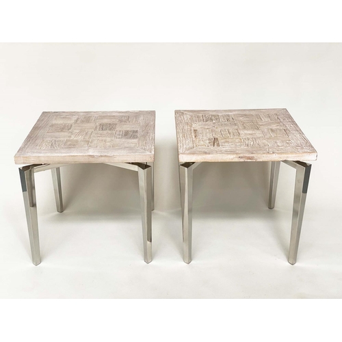 351 - SIDE TABLES, a pair, square rustic parquetry driftwood style with polished chromium angled supports,... 