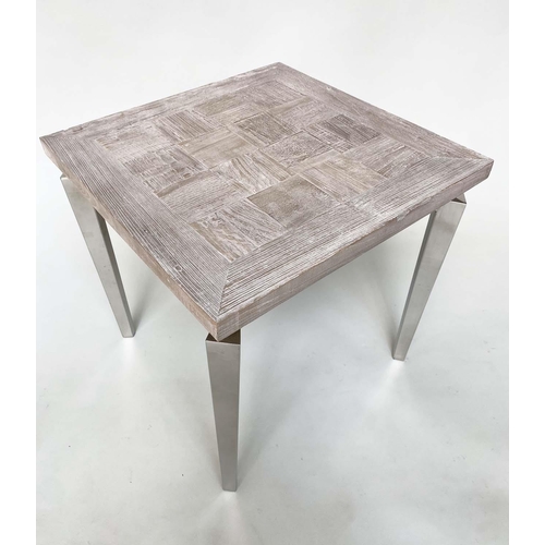 351 - SIDE TABLES, a pair, square rustic parquetry driftwood style with polished chromium angled supports,... 