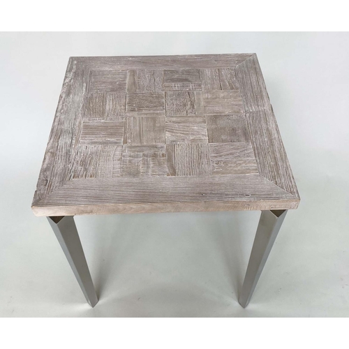 351 - SIDE TABLES, a pair, square rustic parquetry driftwood style with polished chromium angled supports,... 