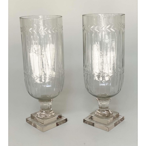 352 - HURRICANE LANTERNS, a pair, cut glass cylindrical with engraved detail and stepped base, 40cm H. (2)