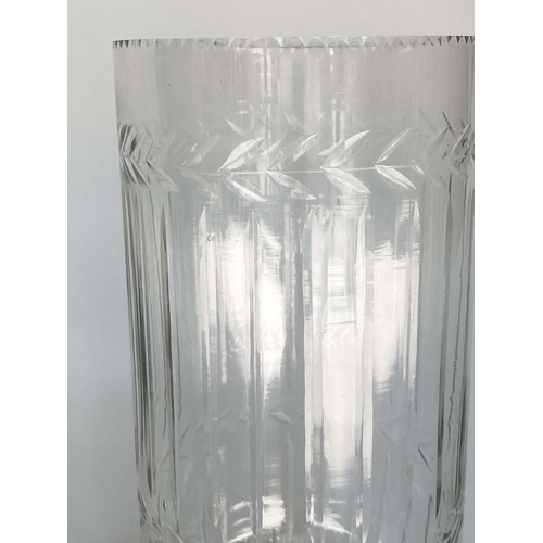 352 - HURRICANE LANTERNS, a pair, cut glass cylindrical with engraved detail and stepped base, 40cm H. (2)